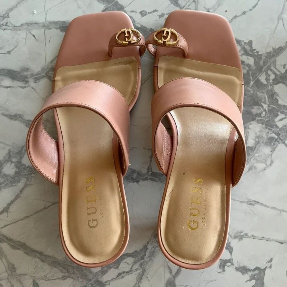 : Guess Pink Leather Slide Sandals 7.5M Gold GG Logo Kitten Heel
